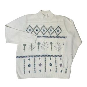 Alfred Dunner Women's L White Mock Neck Embroidered Floral Sweater Grannycore